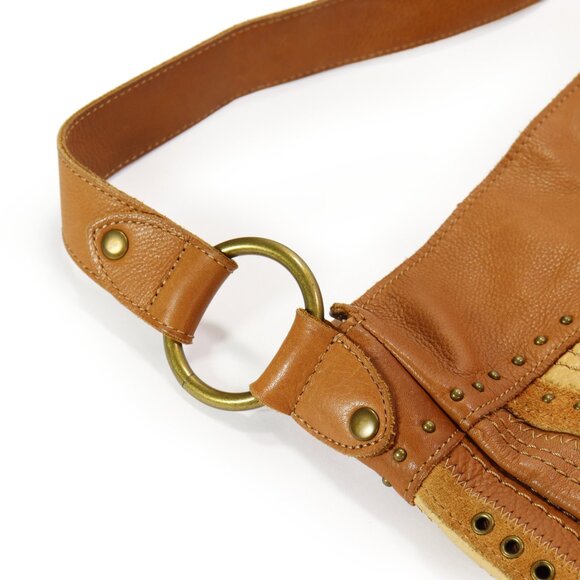 Fossil Leather & Suede Striped Hobo Bag Studded Riveted Brown & Tan Shoulder Bag - Picture 7 of 12